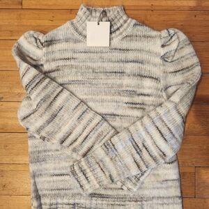 Blank NYC Cream & Gray Striped Puff-Sleeve Turtleneck Sweater